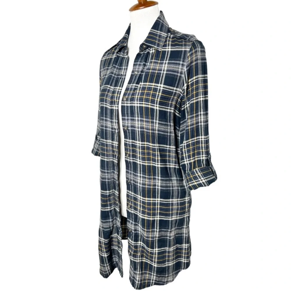 Sam Edelman Navy Blue Plaid Shirtdress, Maxi Shirt, Maxi Top, Cardi, Duster - Picture 6 of 14